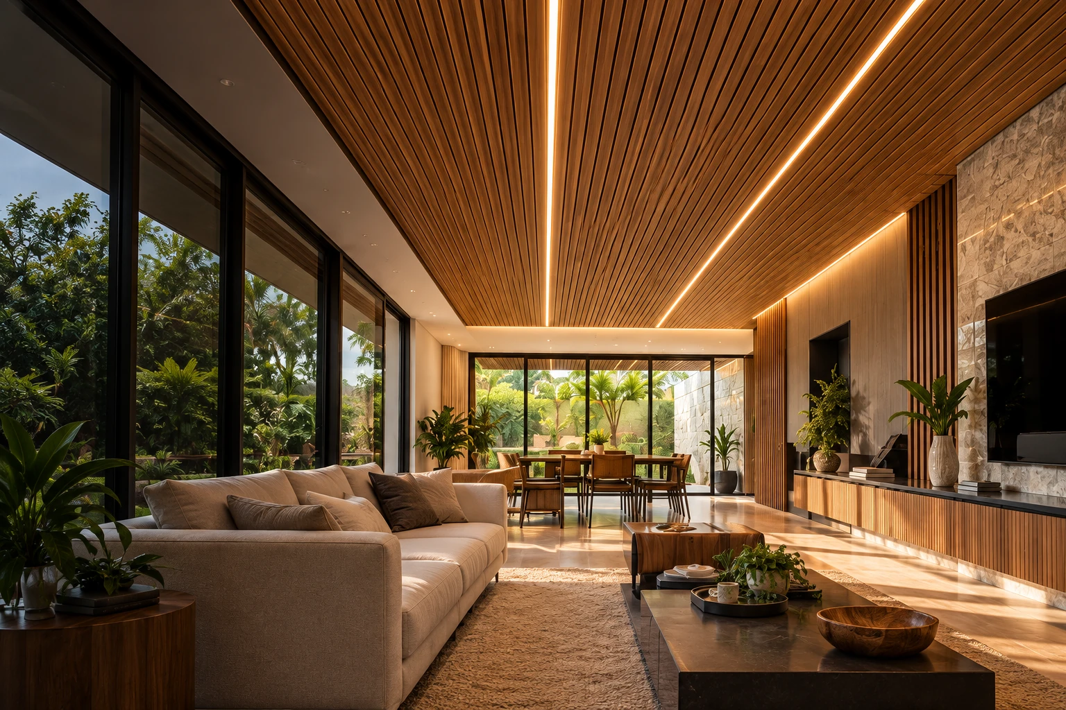 Ambiente conceitual com teto amadeirado e iluminação linear